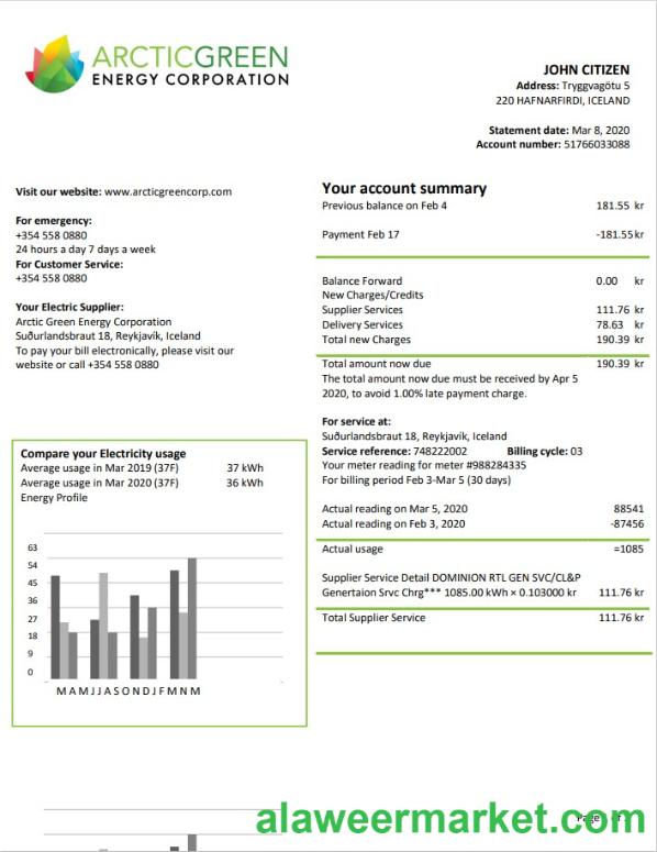 Iceland Arctic Green Energy Corporation electricity utility bill